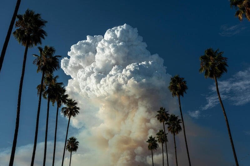 Fra en skogbrann i California ser man en enorm røyksøyle med pyrocumulus over.