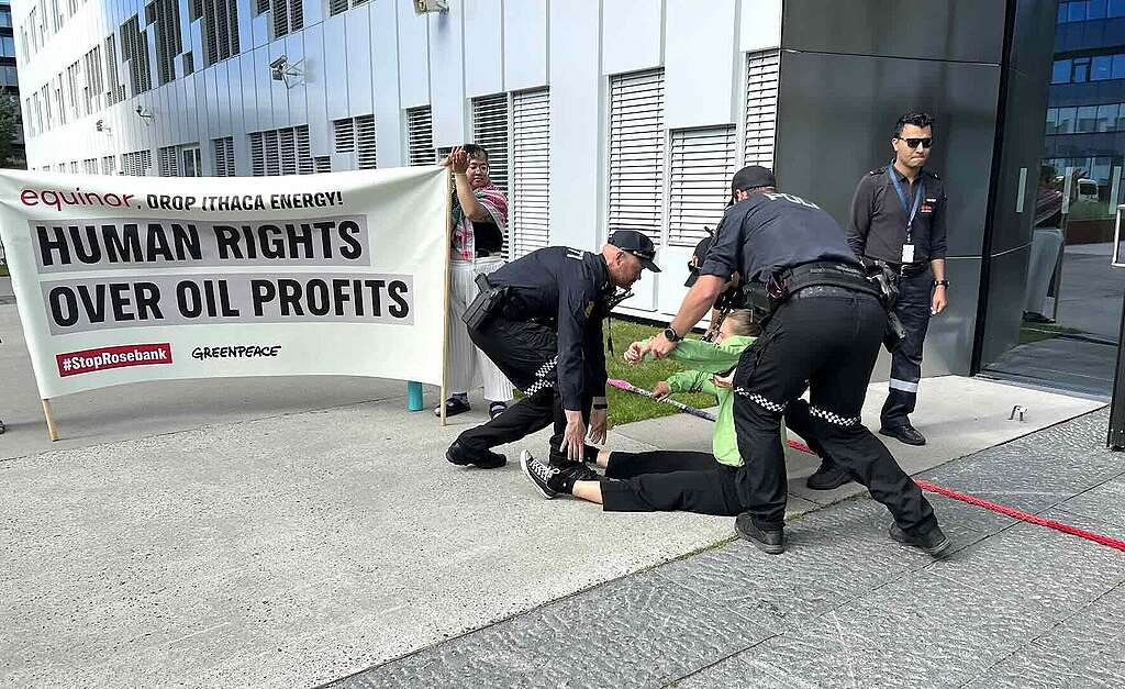 Politiet bærer ut Greenpeace-aktivistene fra Equinors kontor på Fornebu.