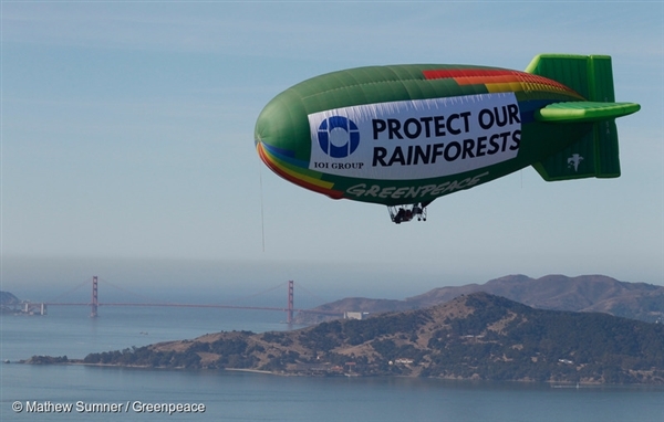 The Greenpeace thermal airship A.E. Bates flies over the San Francisco Bay area near a facility where palm oil trader IOI imports its palm oil in the San Francisco Bay area. 