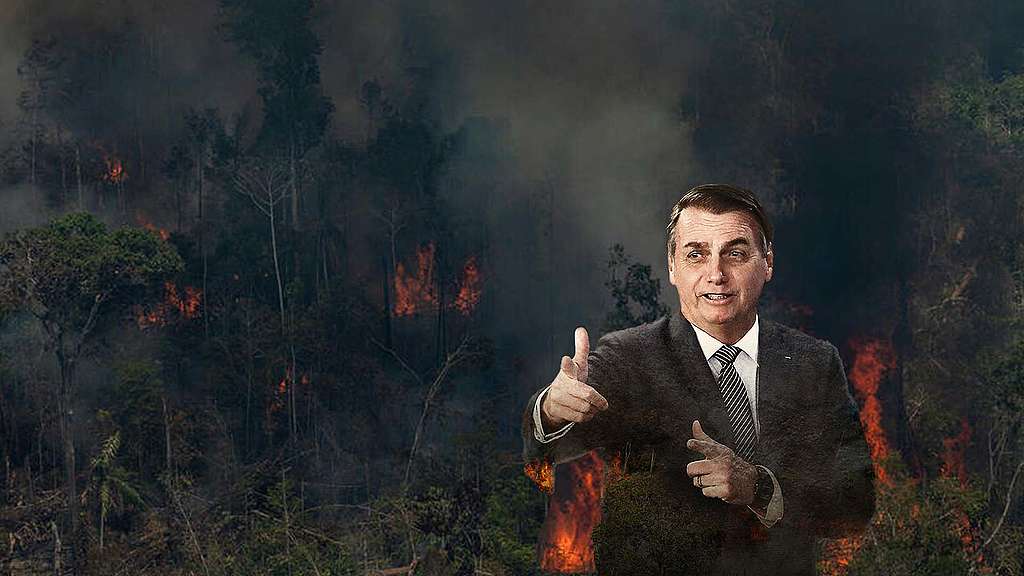 Jair Bolsonaro in front of a forrest on fire