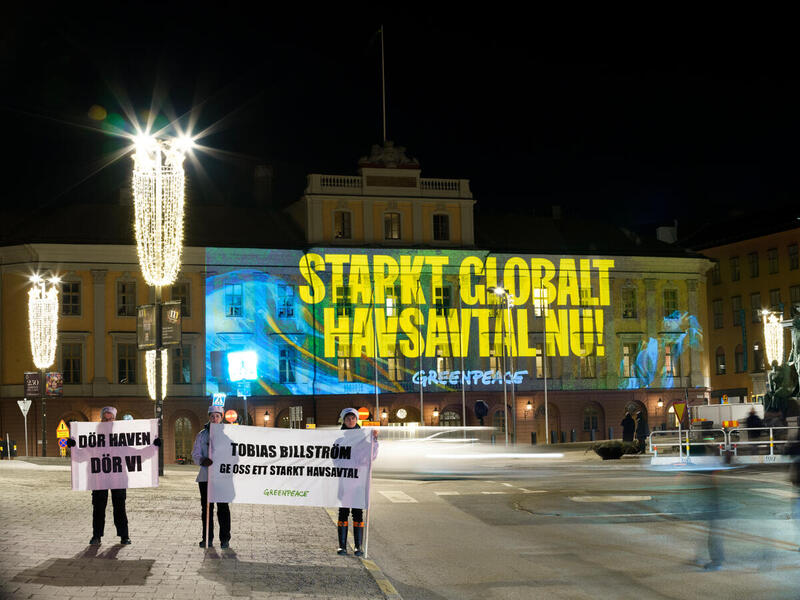 Greenpeace i Sverige protesterar med bildprojektion på Utrikesdepartementet med budskapet: Starkt globalt havsavtal nu! 