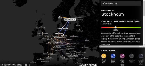 En interaktiv karta som visar Stockholms tågförbindelse med resten av Europa.