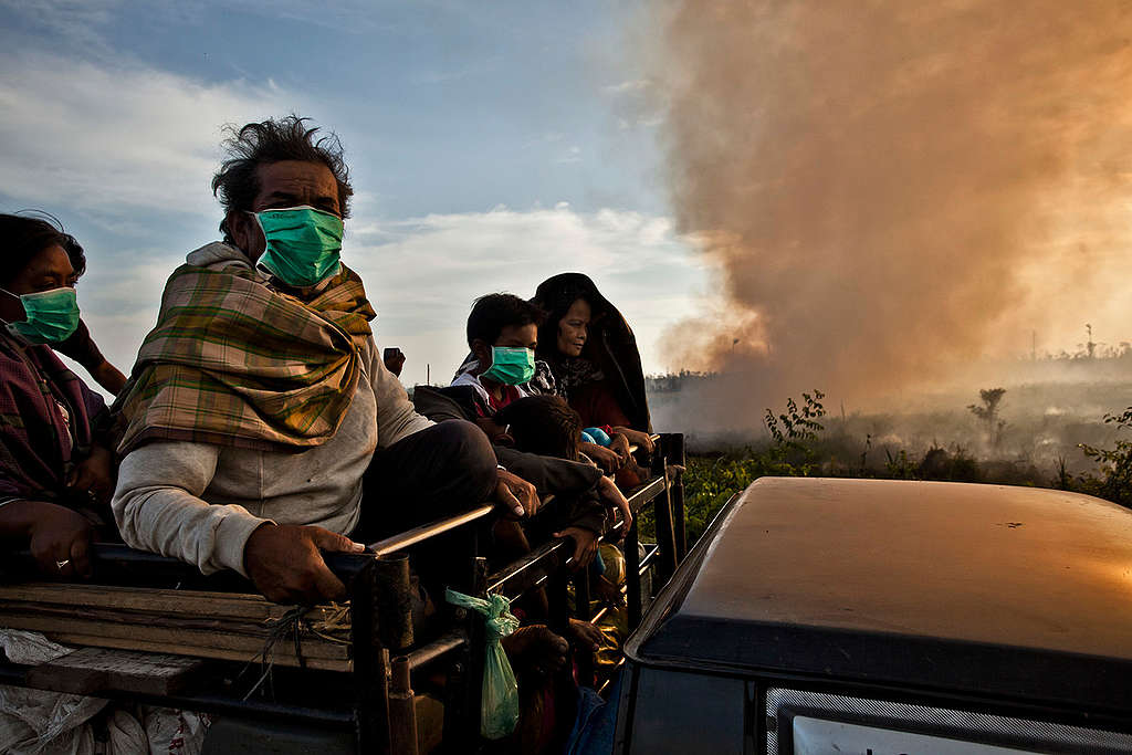 印尼蘇門答臘島Sontang村內，由於村莊附近的棕櫚油種植園為了清空泥炭地原始森林而點燃了火苗，引發森林大火及嚴重空氣污染，村民們戴著口罩乘坐卡車逃離火場。