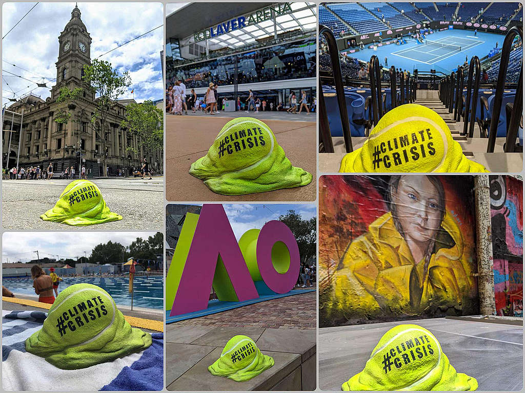 除了聯邦廣場，行動者還在澳洲各處放置大小不一的「融化的網球」，呈現澳網受氣候變遷威脅，大眾應提高危機意識。