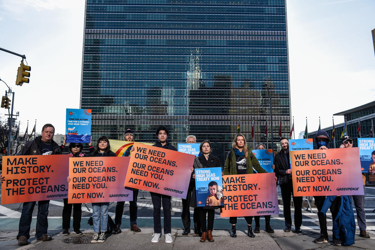 2022年3月11日，綠色和平行動者於紐約的聯合國總部大樓外，舉牌倡議要求各政府必須立即行動，保護全球海洋。