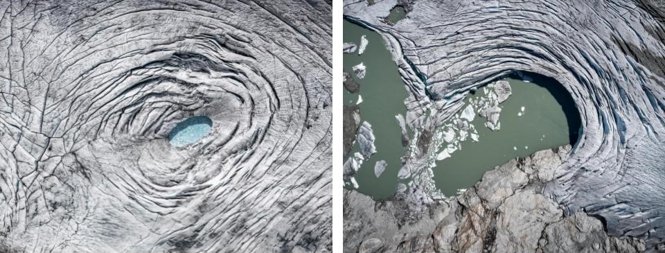 奧地利Schlatenkees冰川2019年（左圖）與2022年（右圖）對照。過去100年裡，奧地利大多數的冰川因氣溫上升和降雨、降雪模式的改變不斷消融、萎縮，已經失去約一半的面積。