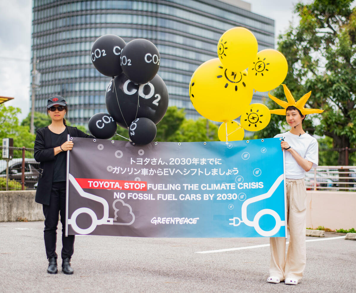 2023年6月，綠色和平行動者前往豐田汽車總部舉行的股東大會，手舉「豐田！停止助長氣候危機」標語，呼籲該企業加速停售燃油車。