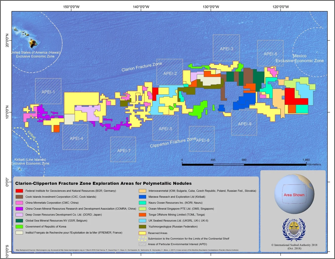 聯合國國際海底管理局已審批多張深海採礦合約，圖中可見克利珀頓破裂帶（CZZ）已遭多國政府及企業「割據」，採礦魔爪已伸向大海。