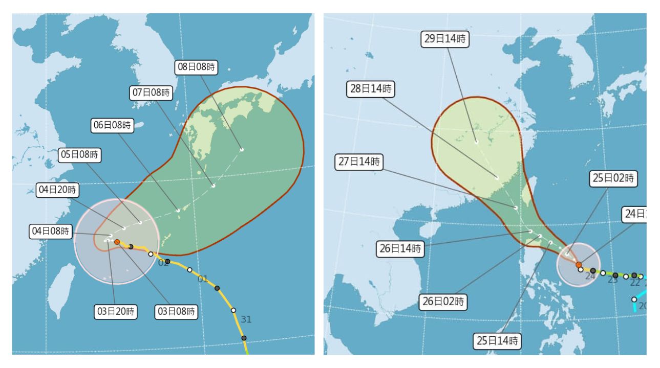 2023年7月和8月的颱風杜蘇芮（左）和卡努（右）都與臺灣擦身而過。