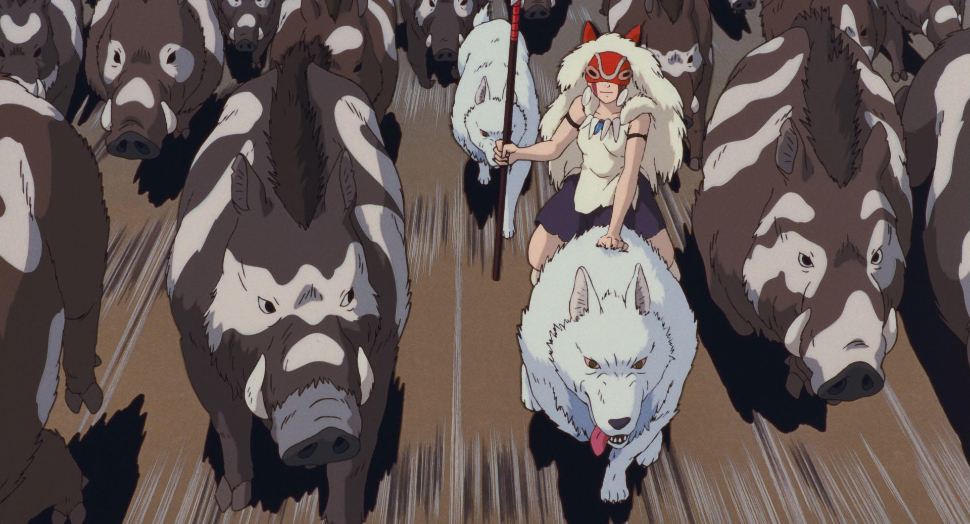 《魔法公主》女主角小桑，騎著山犬與巨山豬一起奮戰。