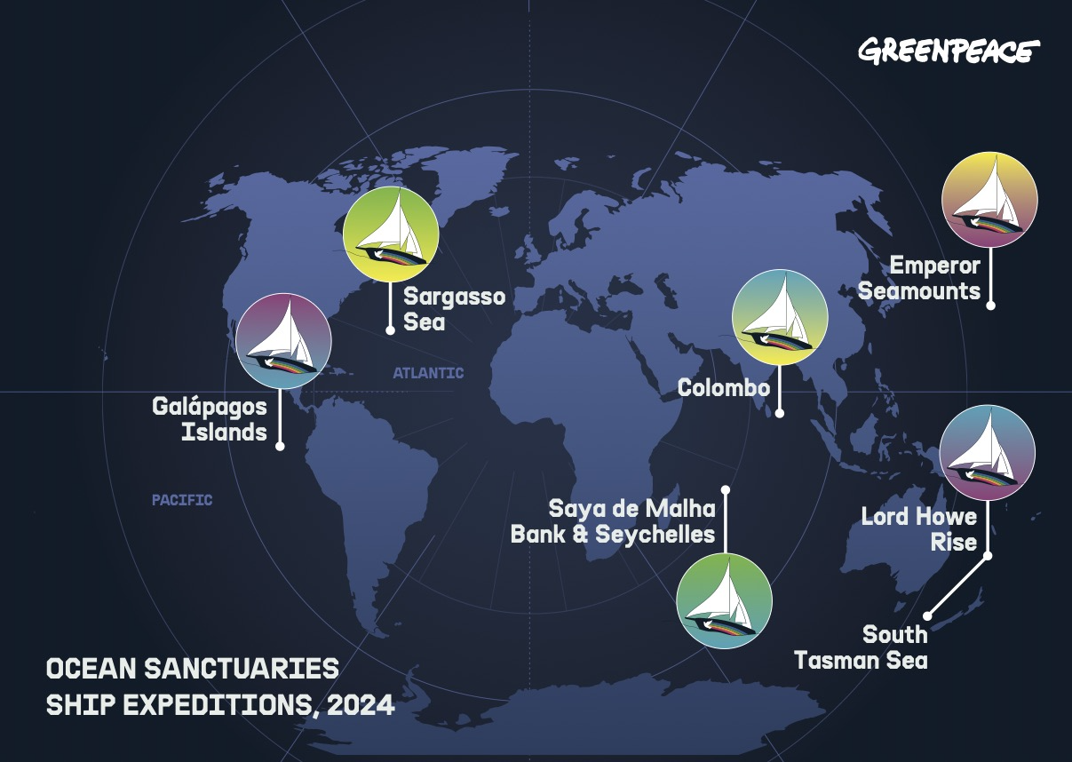 綠色和平展開2024年至2025年的海洋生態調查航程，行經站點包含（從左至右，自上而下）加拉巴哥群島、馬尾藻海、薩耶．迪．馬尼亞沙洲和塞席爾、斯里蘭卡可倫坡、夏威夷天皇海山群、南澳洲豪勳爵島以及澳洲及紐西蘭間的南塔斯曼海。