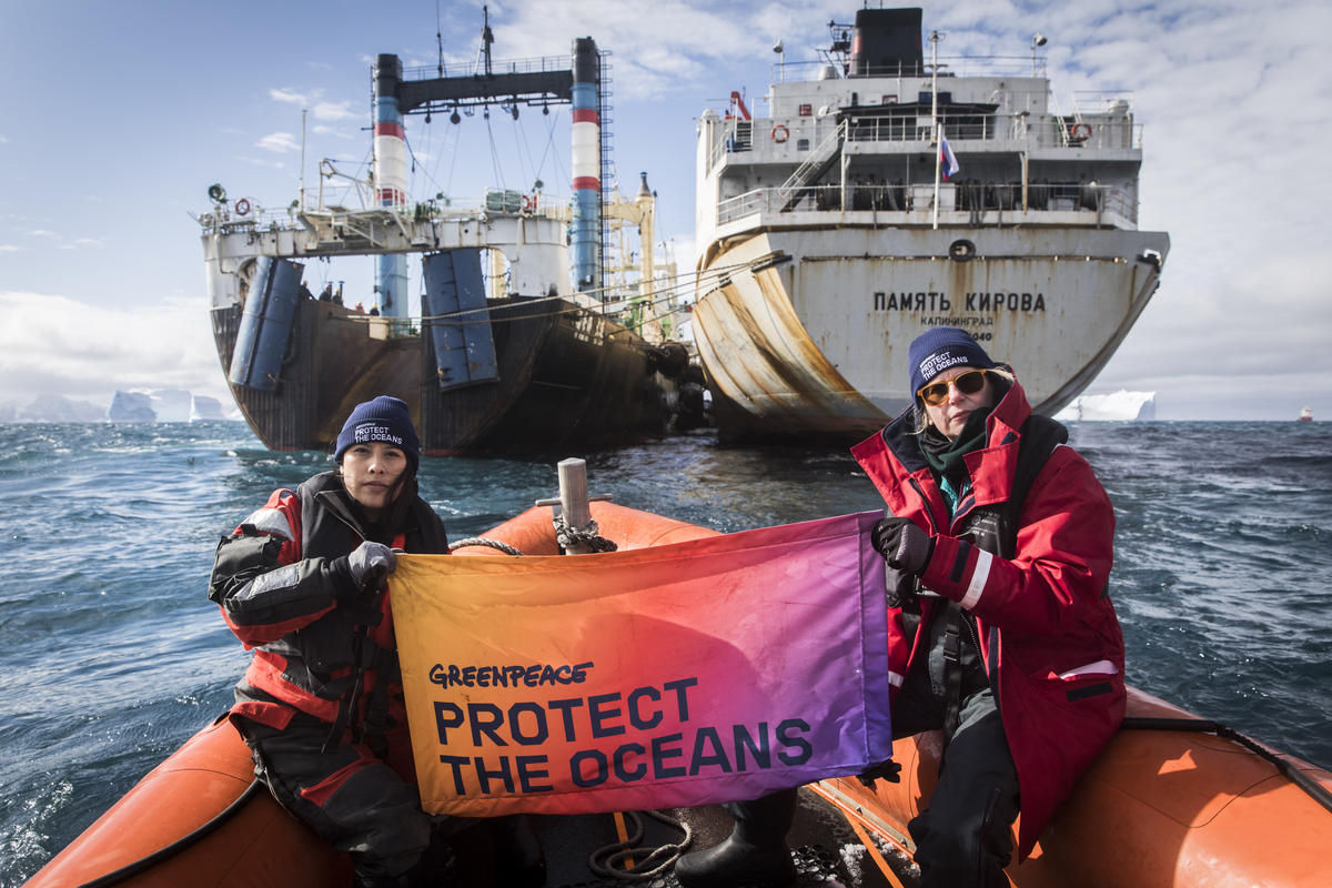 Protect The Oceans Banner in Antarctica. © Andrew McConnell / Greenpeace