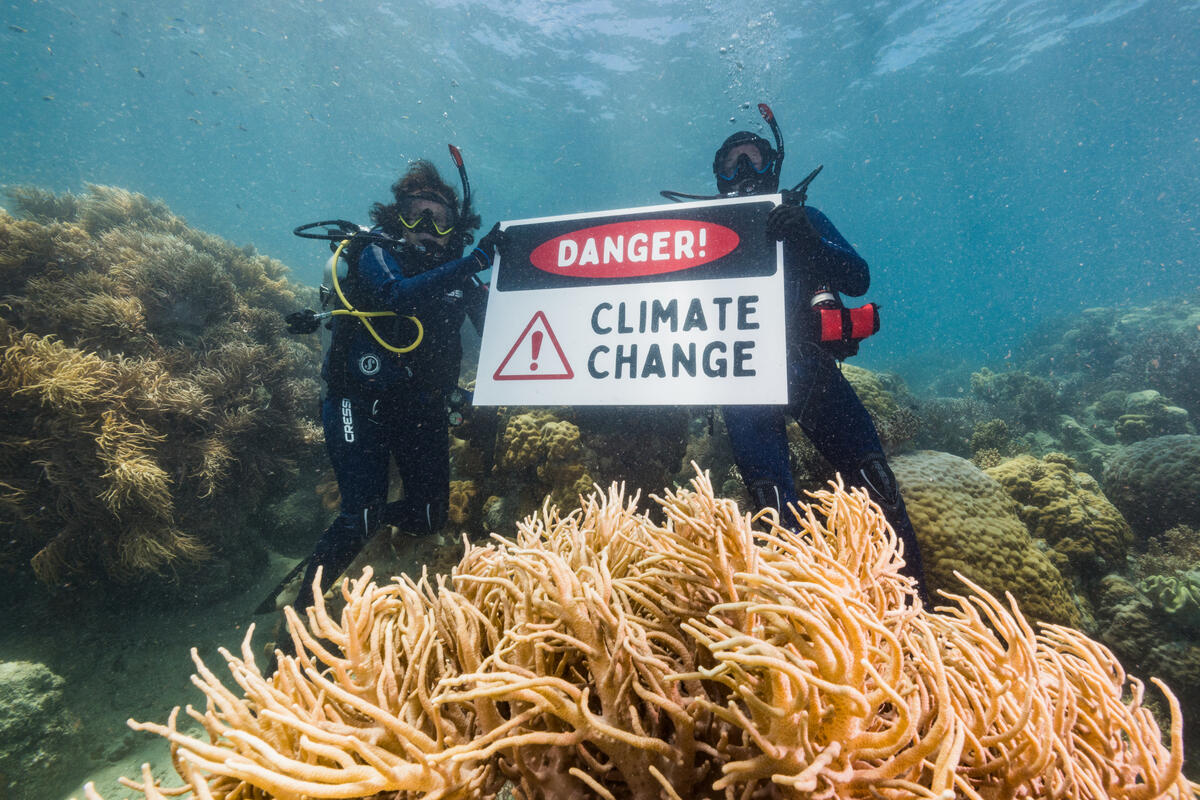 Divers with Danger Sign Underwater on the Great Barrier Reef in Australia. © Greenpeace / Grumpy Turtle / Harriet Spark