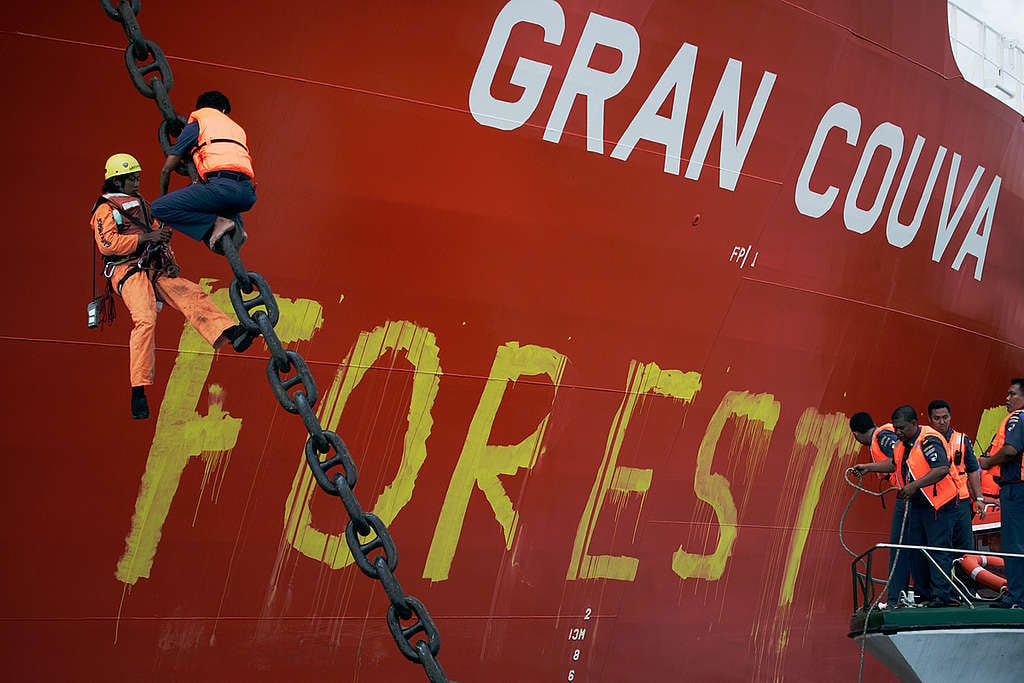 Palm Oil action against Ship Gran Couva in Riau. © Greenpeace / John Novis