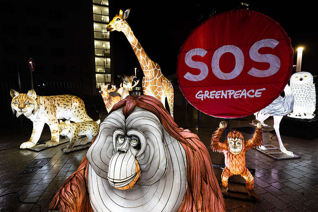 Protest with Luminous Animal Figures for Protecting Nature in front of UN Building in Bonn.