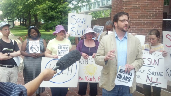 Free Press CEO Craig Aaron address protestors outside the Baltimore Sun building. PHOTO: FREE PRESS