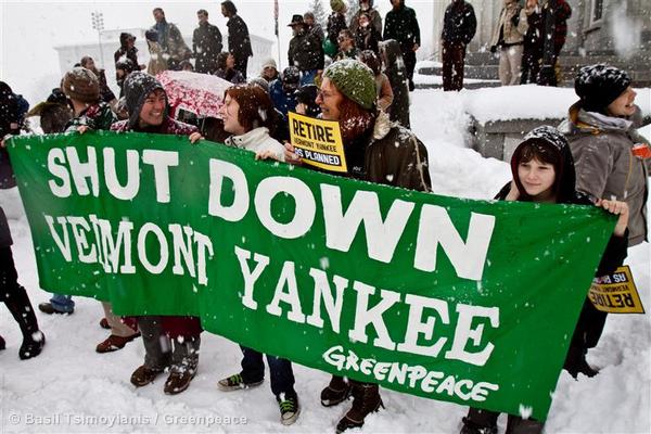 Vermont residents and activists join a Greenpeace rally outside the Statehouse,