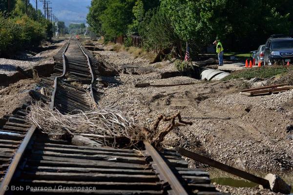 A section of rail line is twisted and damaged following recent floods in Longmont.