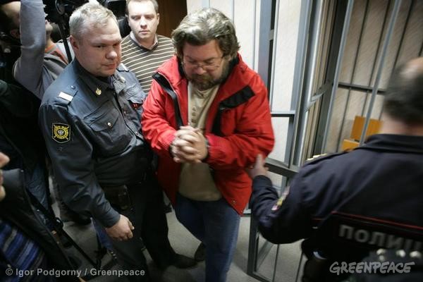 Greenpeace International spokes person Roman Dolgov at the Leninsky District Court Of Murmansk.