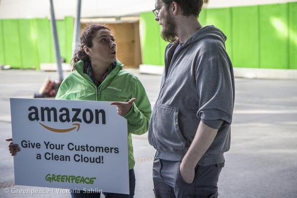 During the Amazon.com Inc. summit in Stockholm, Greenpeace Sweden asks AWS customers to demand the company "clean its cloud" and go 100% renewable.