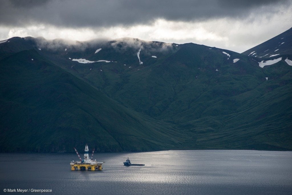 One of Shell's drill rigs, the Polar Pioneer sits in a bay in Unalaska's Dutch Harbor. Shell wants to begin drilling in the Alaskan Arctic, but it first has to transport its rigs through Unalaska, where residents are expressing their concerns.