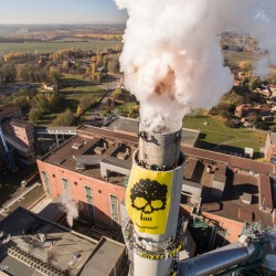 Coal Banner at Oldest Coal Power Station in GermanyKohlebanner am Schornstein KKW Deuben