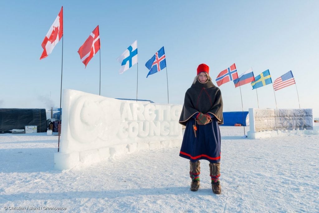 Josefina Skerk, from Sweden, in traditional Sami dress at Barneo base in the high Arctic. She is one of the four young ambassadors about to trek to the North Pole. They are carrying with them a time capsule containing 2.7 million names of supporters who wish to protect the Arctic. They plan to lower the capsule and a ‘flag for the future’ to the seabed beneath the North Pole.
