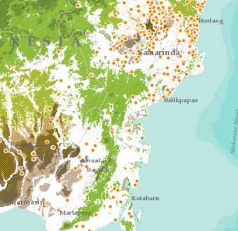 A New Interactive Map Is Helping Indonesian Communities Protect Their Land From Fires. Here, the yellow area represents Orangutan habitat and orange dots represent forest fires so far in 2016.