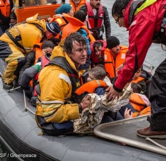 Medecins Sans Frontiers (MSF) and Greenpeace boat crews respond to an emergency as a wooden refugee boat capsized about a mile and a half off the coast of Lesbos. On arrival at the scene, all refugees were in the water and a major rescue operation involving Greenpeace, MSF, Frontex, Sea Watch and Proactiva ensued. A total of 83 people were rescued, while two people drowned - an 80-year-old man and nine-month old girl.