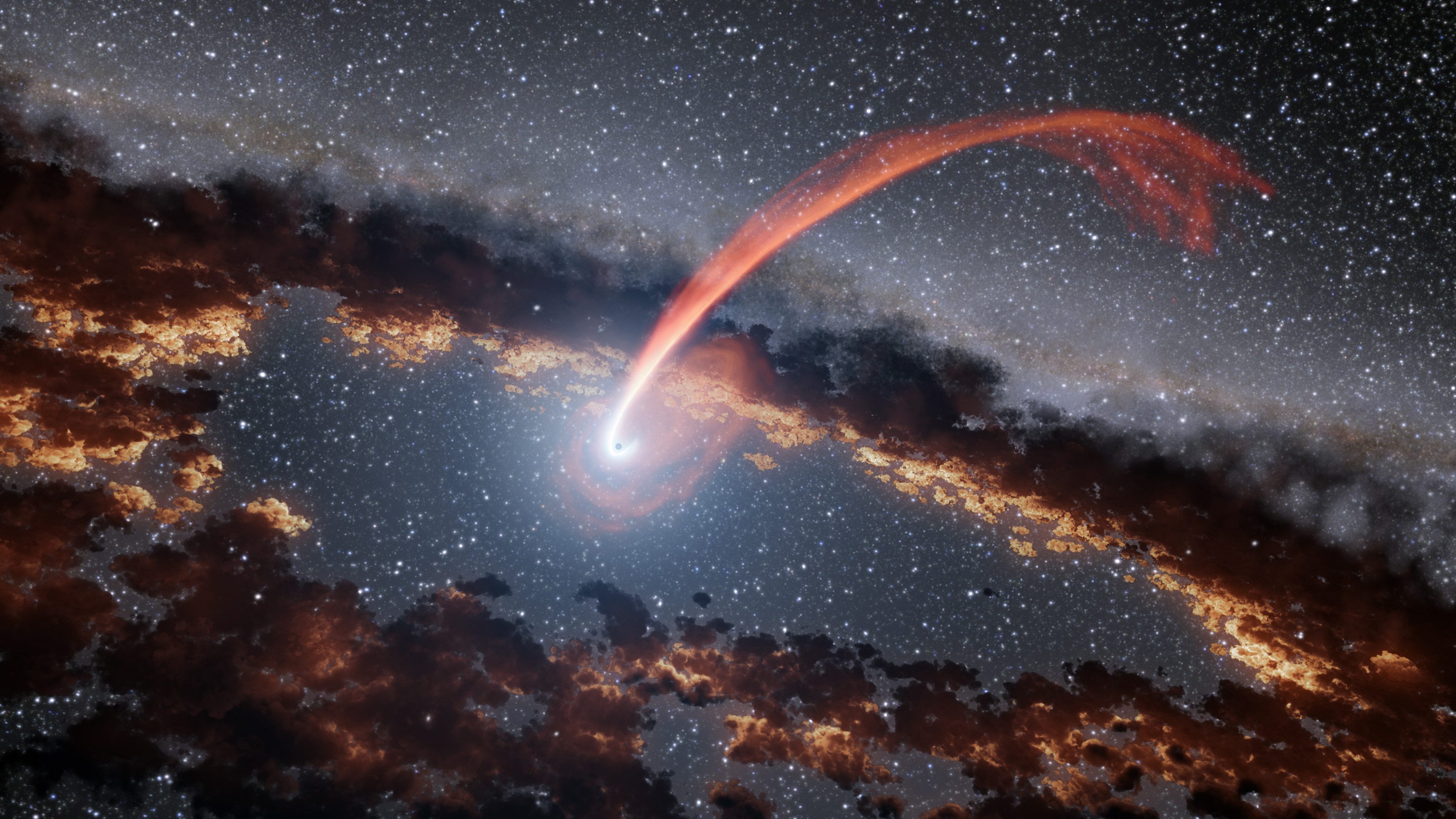 Image credit: NASA. This illustration shows a glowing stream of material from a star, disrupted as it was being devoured by a supermassive black hole.