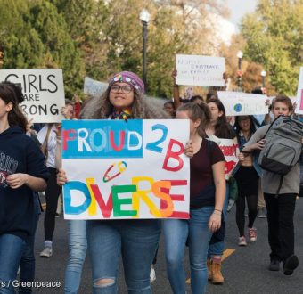 Students march down Capitol Hill in a Love Trumps Hate protest in reaction to the election of Donald Trump as president of the United States.