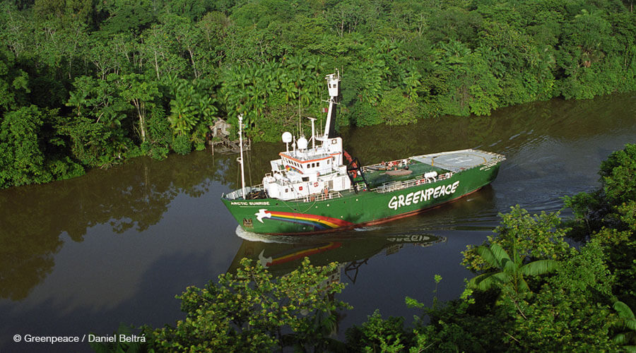 Vegetation, Ships in rivers, lakes and estuaries MV Arctic Sunrise making it's way down an Amazon river.