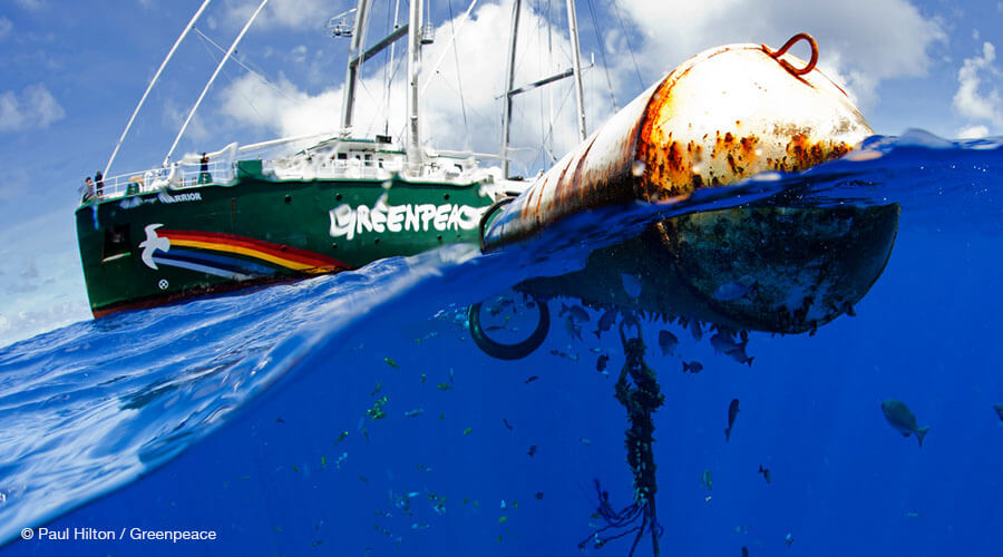 A fish aggregating device floats nearby the Greenpeace ship Rainbow Warrior