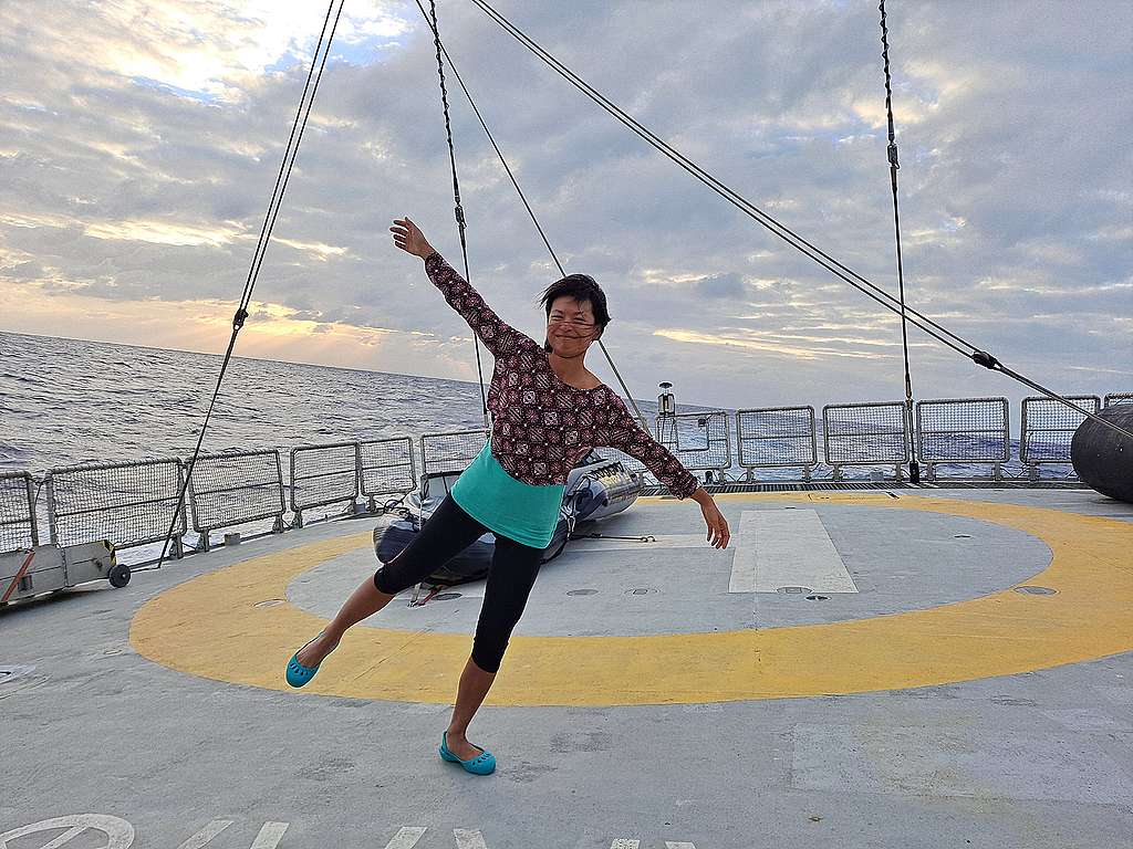 Photo: Here’s me trying to balance while the ship is rolling. © Kelly Huang / Greenpeace