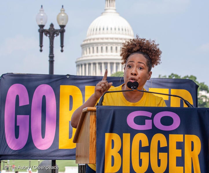 Photo: Greenpeace US co-Executive Director Ebony Martin addresses the rally. The Green New Deal Network (GNDN) organizational principals, community leaders, and allies push for Congress to “Go Bigger to Meet the Need '' on climate, jobs, and justice at a Capitol Hill rally. Progressive House members, alongside organizational and community leaders from Greenpeace US, US Climate Action Network, MoveOn, Sierra Club, Working Families Party, Sunrise, Center for Justice and Accountability and more are concerned about the scale of investments in jobs and infrastructure in the new Senate proposal and are advocating for key issues that tackle climate change, social injustices and unemployment.